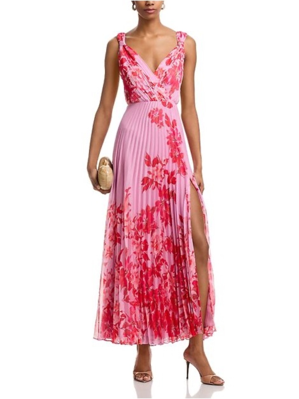 AQUA Women's Pleated Floral Guest of Dress Pink Size Medium